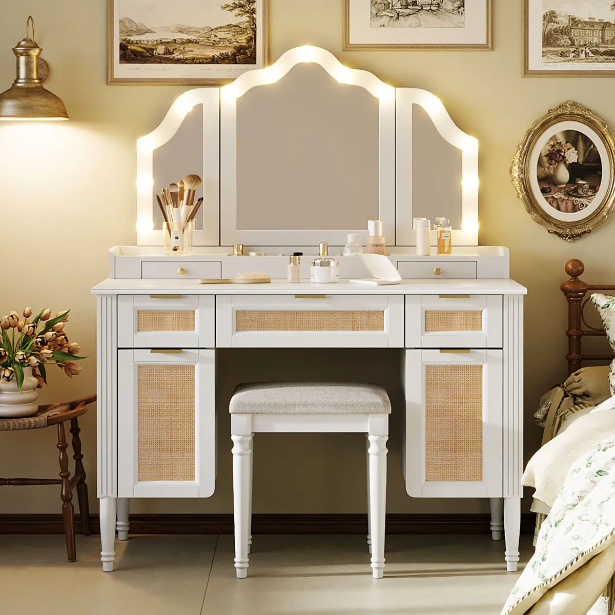 [Fahuac] White Vintage Makeup Vanity Table with Tri-Fold Mirror, 13 LED Bulbs, Charging Station & Cabinet - Vanity Organization, Dresser Organization, Colored-Lit, Drawer Storage, Full-Length LED Storage Options, Colored-Lit Makeup Vanities