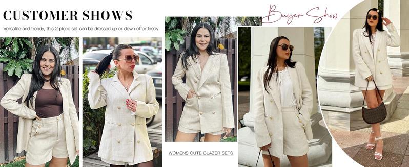 PASLTER Womens 2 Piece Tweed Blazer Shorts Sets Long Sleeve Double Breasted Suit Jackets Business Outfit Fabric Formal M1H684