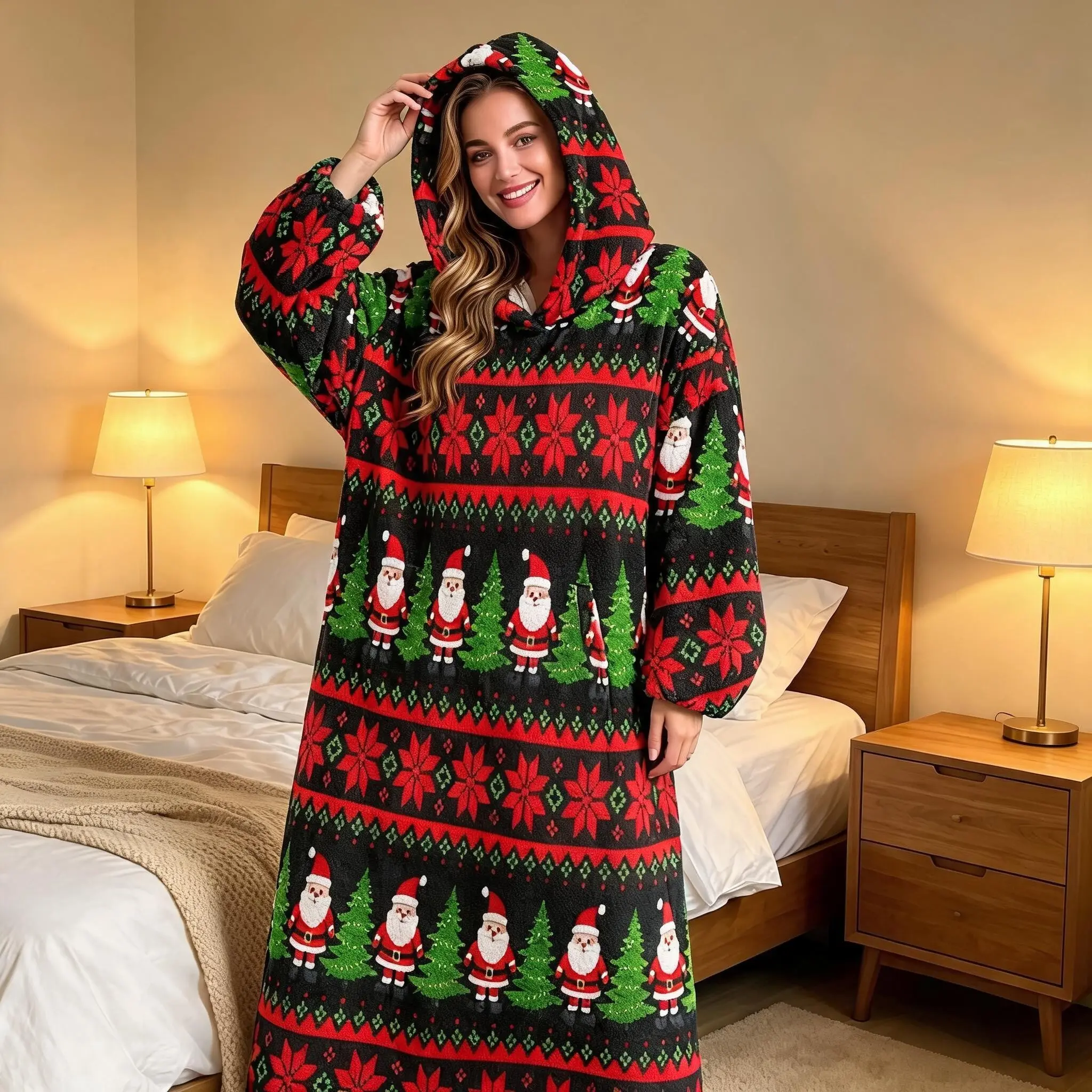Thick Flannel Wearable Blanket, Couples' Cartoon Christmas Design, Hooded with Large Pockets, Cozy Winter Home Blanket, Perfect Gift