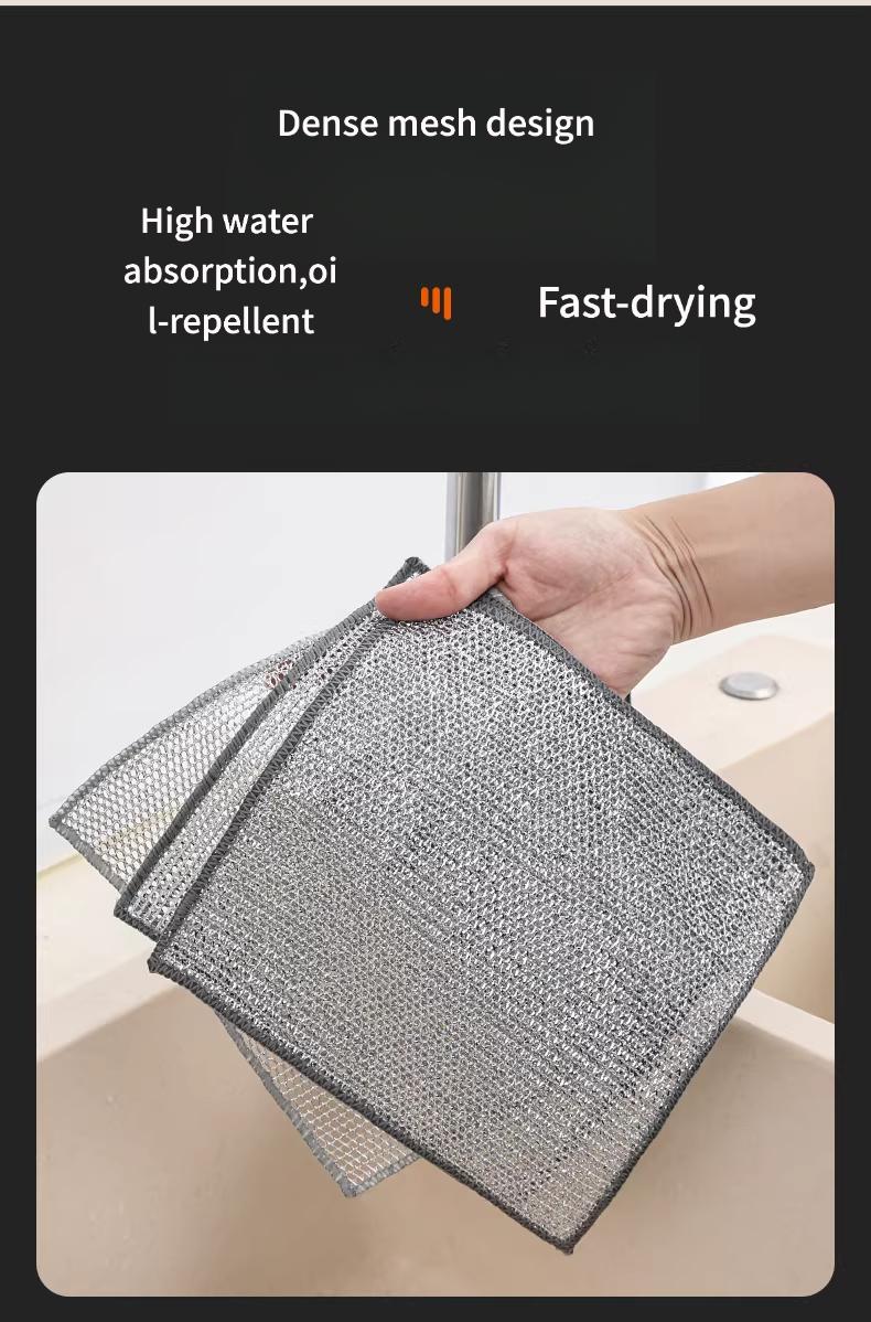 Thickened Dual-Layer Silver Wire Scrubber, Double-Sided Strong Cleaning, Oil-Resistant & Easy to Rinse, Kitchen Dishwashing Cloth