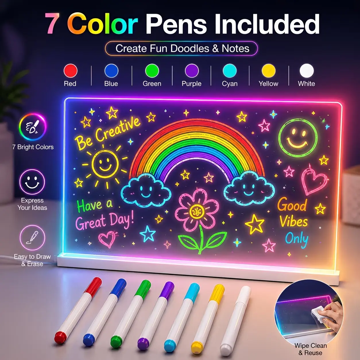 RGB Drawing Board, USB 3-Button Wired RGB 7-Color, 5-Level Brightness Adjustment, 3 Modes Night Light, LED Neon Transparent Message Board, Detachable Stand with 7-Color Pens, Wipeable Desk Lamp