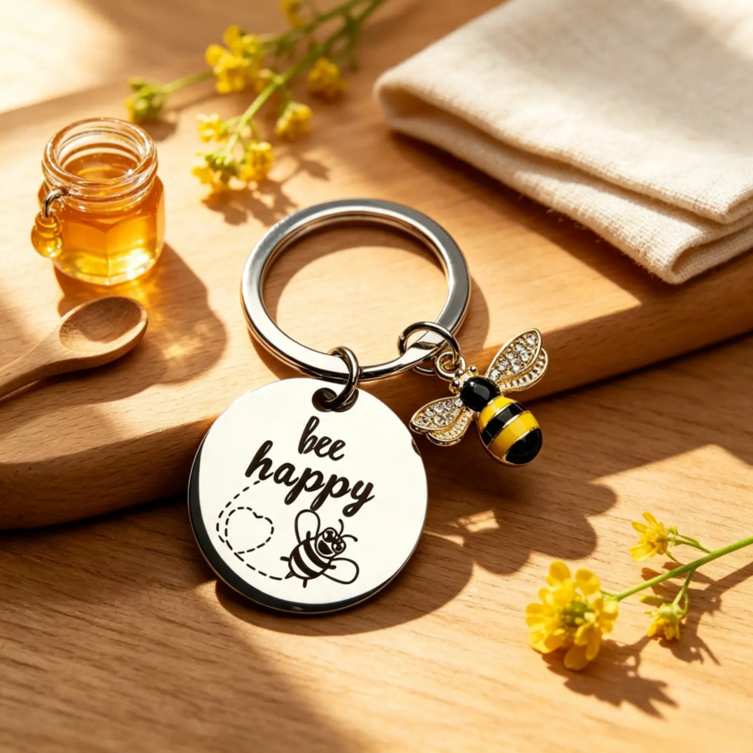 Bee Happy Engraved Keychain, Honey Bee Charm Key Ring, Inspirational Motivational Gift for Women