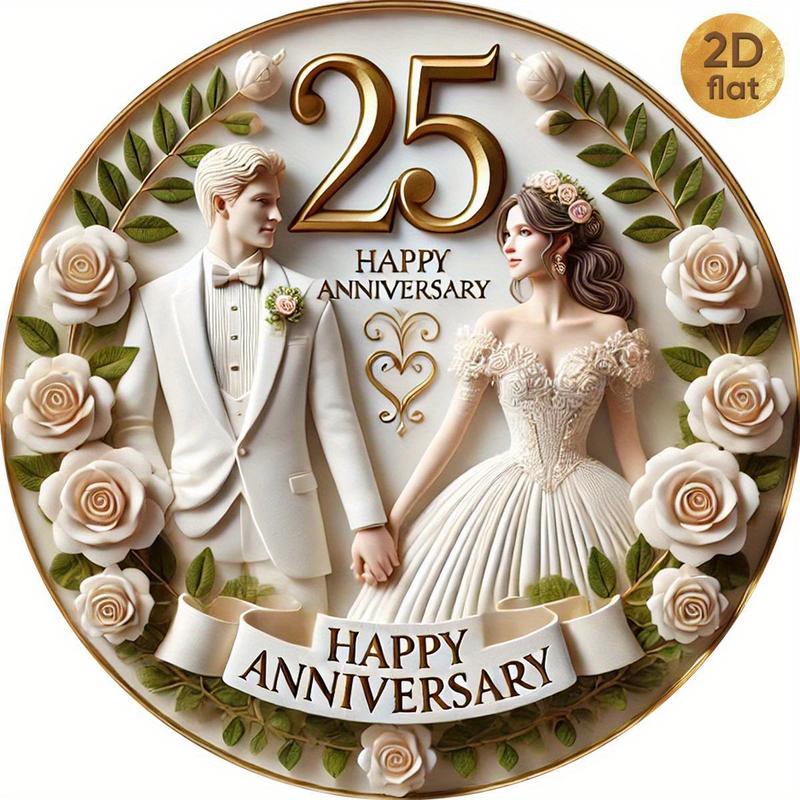 1PC 25th Anniversary Metal Wall Plaque - Old Silver Wedding Celebration Design, 19.99x 19.99cm Round Iron Sign, Featuring a Couple in Formal Attire, Rose and Heart Patterns, Perfect for Home, Office, Bar, Coffee Shop Decoration, Indoor/Outdoor Use, Ideal