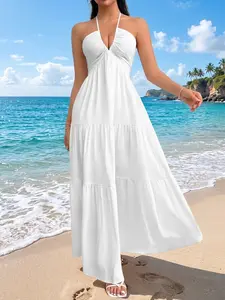 Halter-Neck V-Neck Maxi Dress with Back Tie, Pleated Tiered Flared Cake-Style, Flattering Long Beach Dress, 6 Colors, Sizes S–xxl