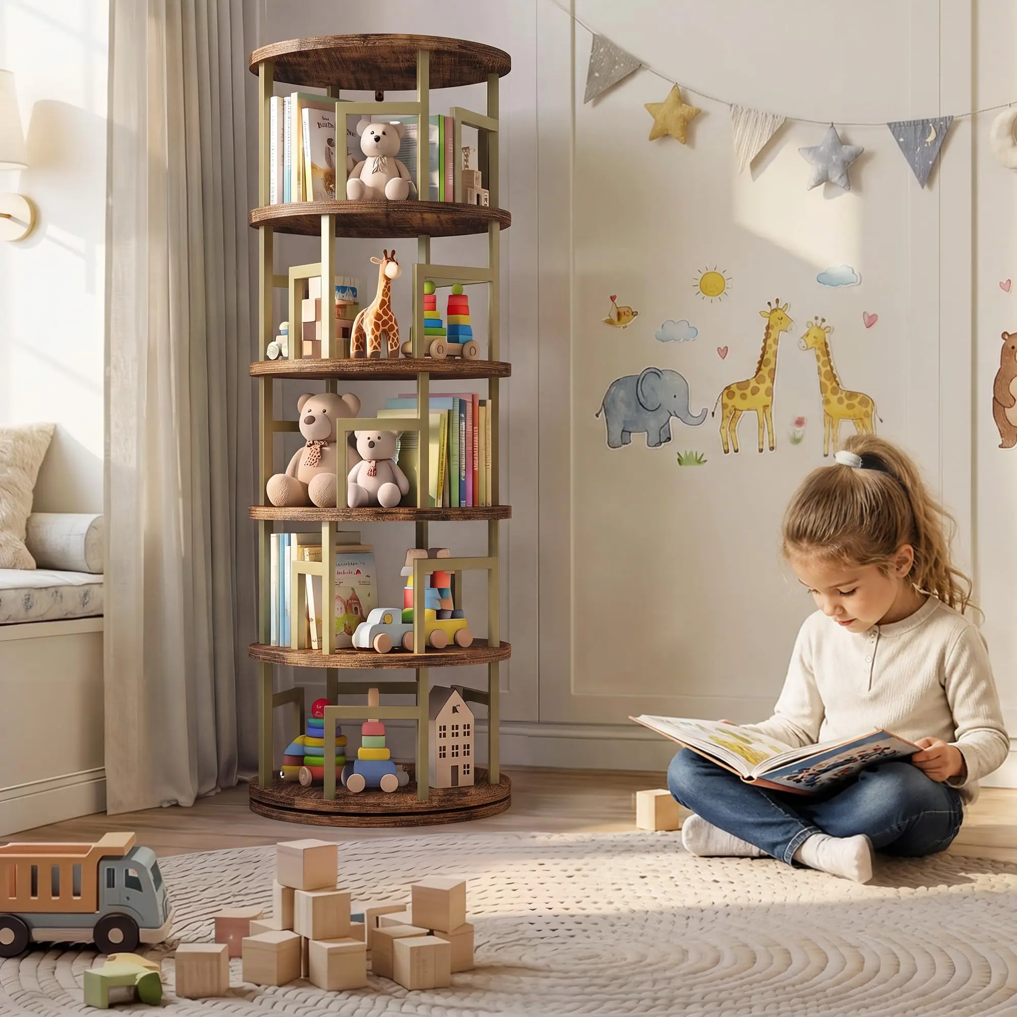 5-Tier Rotating Bookshelf Tower – Spinning Corner Shelf,Spinning Corner Bookshelf Tower 5‑Tier Rotating Shelf | Sturdy, Safe Anti-Tip Construction ﻿
