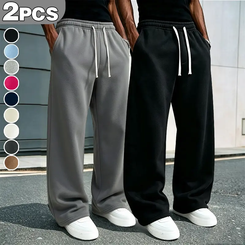 2PCS Trendy Men Solid Wide Leg Sweatpants, Relax Straight Fit, Elastic Drawstring Waist, Comfort Soft Streetwear Track Pants, Assorted Colors For Daily Matching