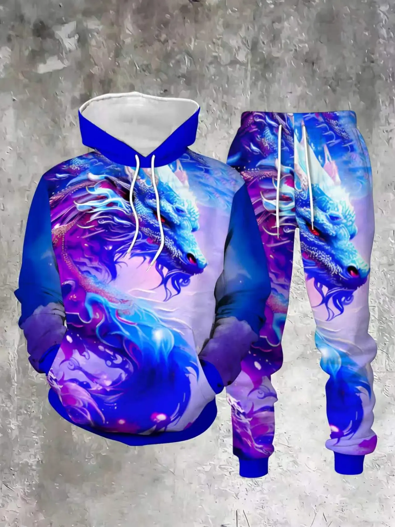 Men's Dreamy Nebula Blue Dragon Digital Print Hoodie Set, Loose-Fitting Casual Streetwear, Long Sleeve Ankle-Length Pants