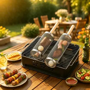Outdoor BBQ Stainless Steel Round Smoker Cage Portable Multifunctional Grill Net Rotating Drum