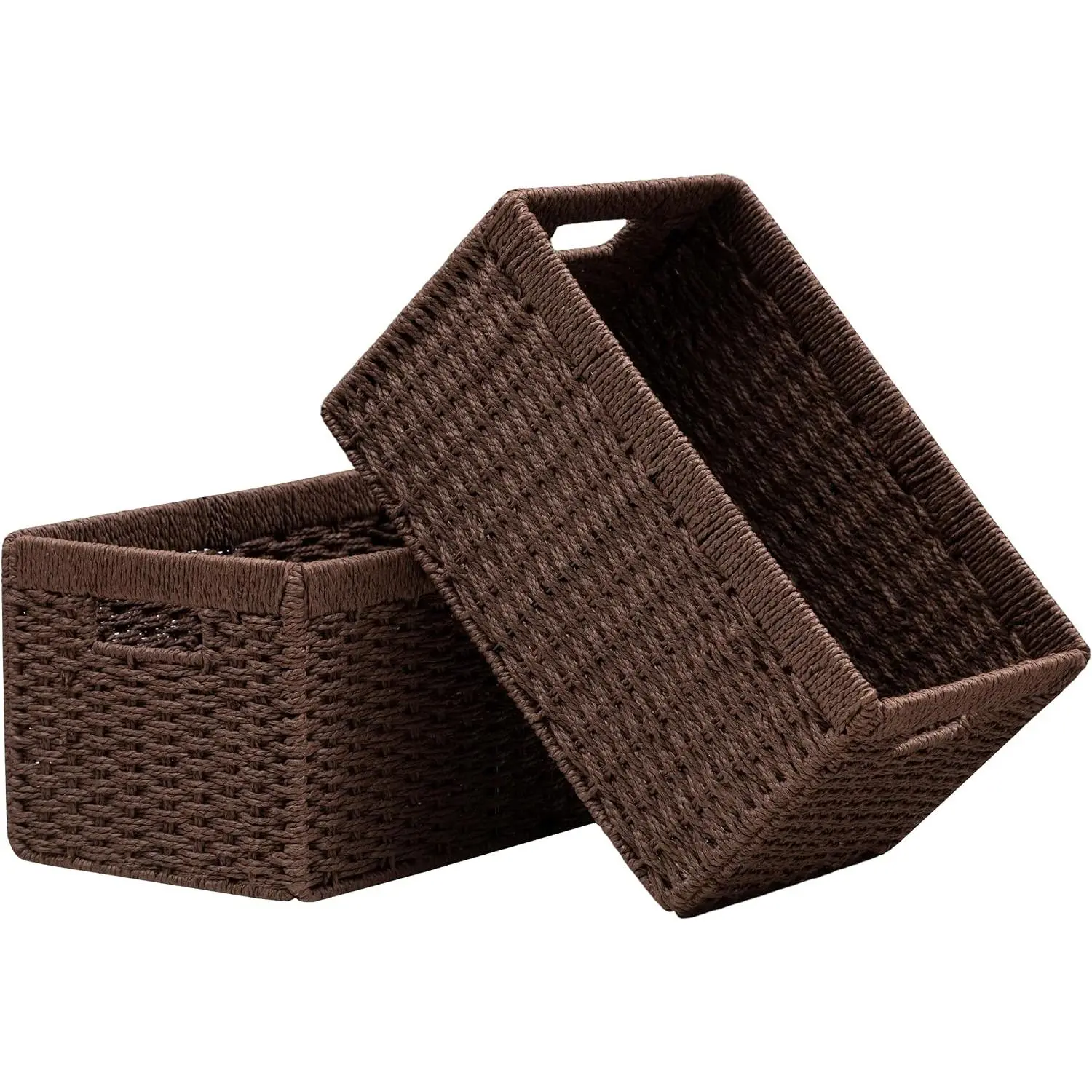 2 Pack Wicker Basket, inch Woven Paper Rope Storage Baskets for Shelves, Foldable Rectangular Storage Baskets with Handle, Storage Basket for Organizing, Dark Brown