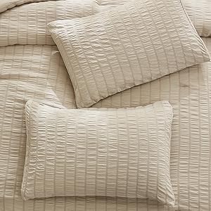 Beige Seersucker Queen Comforter Set (90x90 inches), 3 Pieces-100% Soft Washed Microfiber Lightweight Comforter with 2 Pillowcases, All Season Down Alternative Comforter Set for Bedding