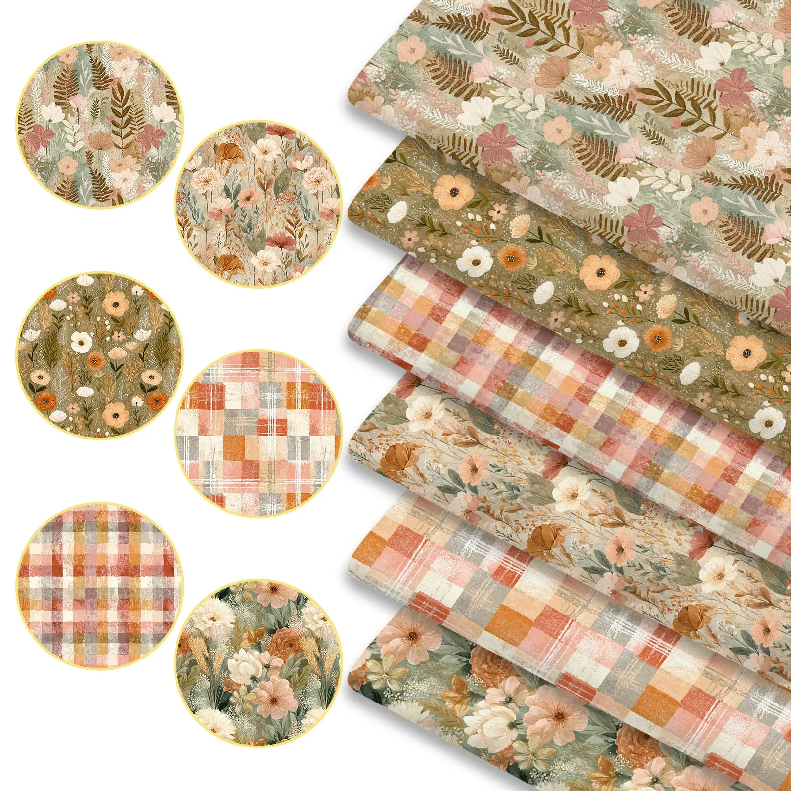 6pcs Muted Boho Cozy Fabric Bundles, 45cm*50cm/17.72in*19.69in Pastel Fall Pattern Fabric Squares for Quilting, Patchwork Sewing Material for Bedding, Tablecloth, Bags, Headbands, Pillowcases
