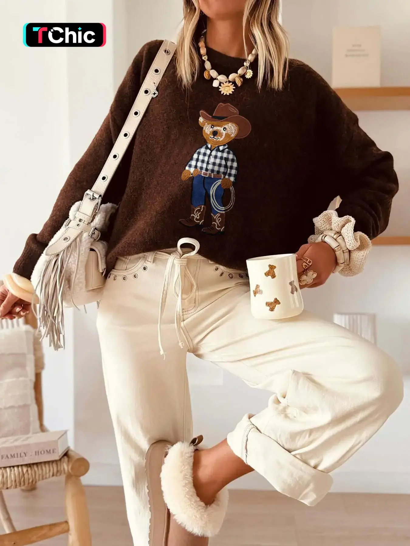 Women's Round Neck Contrast 3D Bear Embroidery Fall/Winter Loose Casual Fashion Versatile Lazy Style Knit Pullover Top – Maillard Style Outfit, Daily Commute Essential Women's Sweater