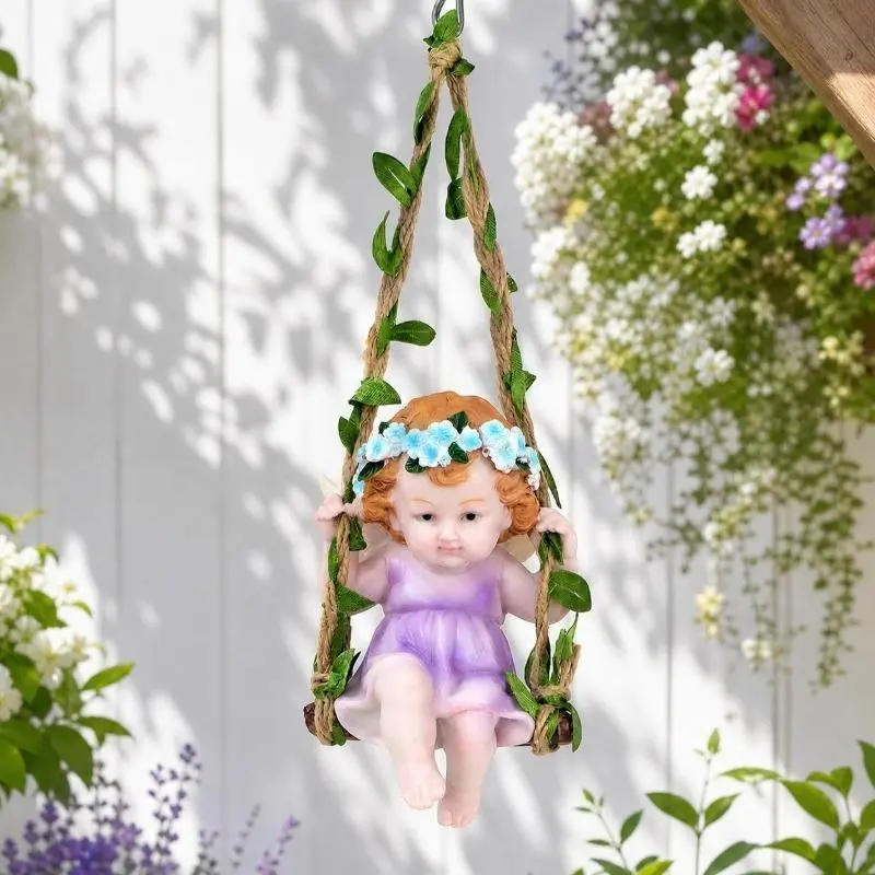 1PC New Fairy with Flowers Ornament, Little Angel Swing Garden and Courtyard Hanging Decoration, Resin Decorative Figurine – Resin Figurine of an Angelic Flower Fairy, Suitable for Both Indoor and Outdoor Decor, Exquisite Gift