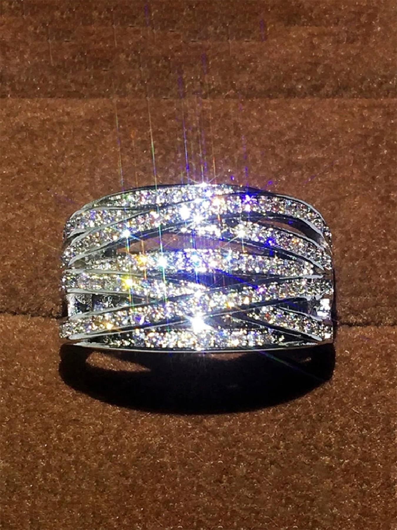 Women's Elegant Rhinestone Decor Wide Promise Ring, Exquisite Trendy Engagement Ring, Chic Gorgeous Jewelry As Gift for Girlfriend, Gifts for Her, Fashion Engagement Rings