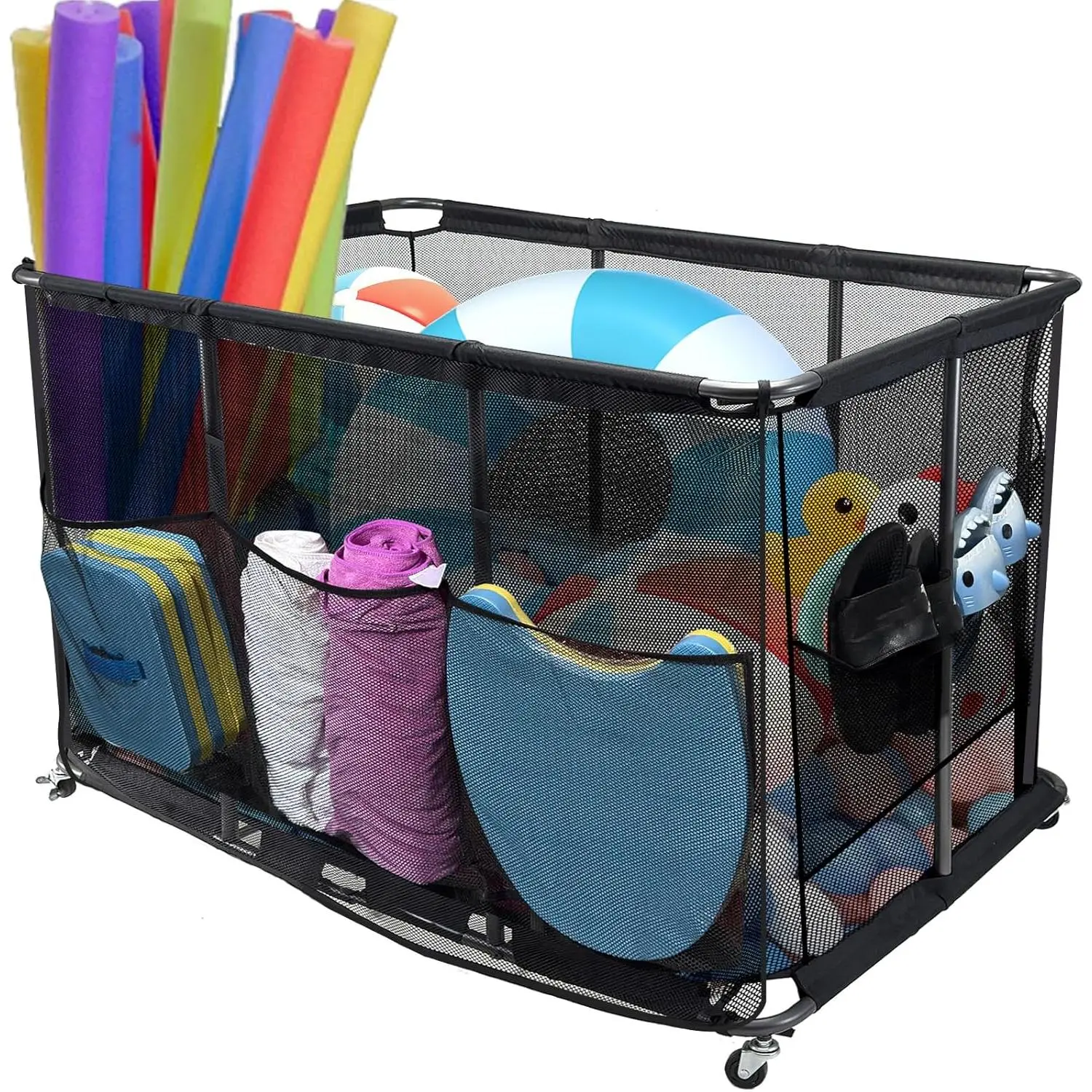 XXL Nylon Mesh Pool Float Storage Organizer with 2-in-1 Mesh Cover & Metal Frame - 360° Wheel Rolling Bin Holds Pool Noodles, Toys, Floats & Balls (Pool Equipment Storage)