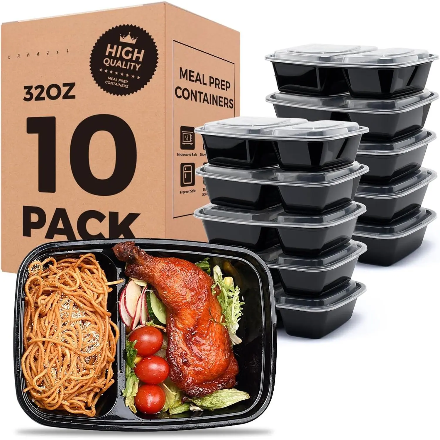 10 Pack 32 oz 2-Compartment Meal Prep Containers with  | Plastic  Storage Containers for Lunch,Microwave,Freezer,Dishwasher Safe,Sturdy Leakproof &  Takeout Containers