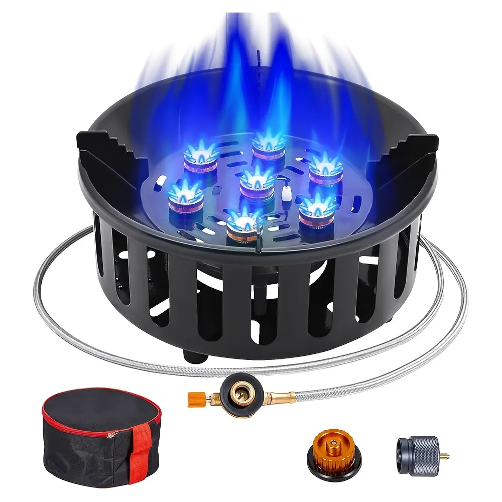 Stainless Steel 21000W Power 7-Star Collapsible Windproof Flame Outdoor Portable Burner Stove, with Piezo Igniter, Fuel Canister Adapter, for Camping, Hiking