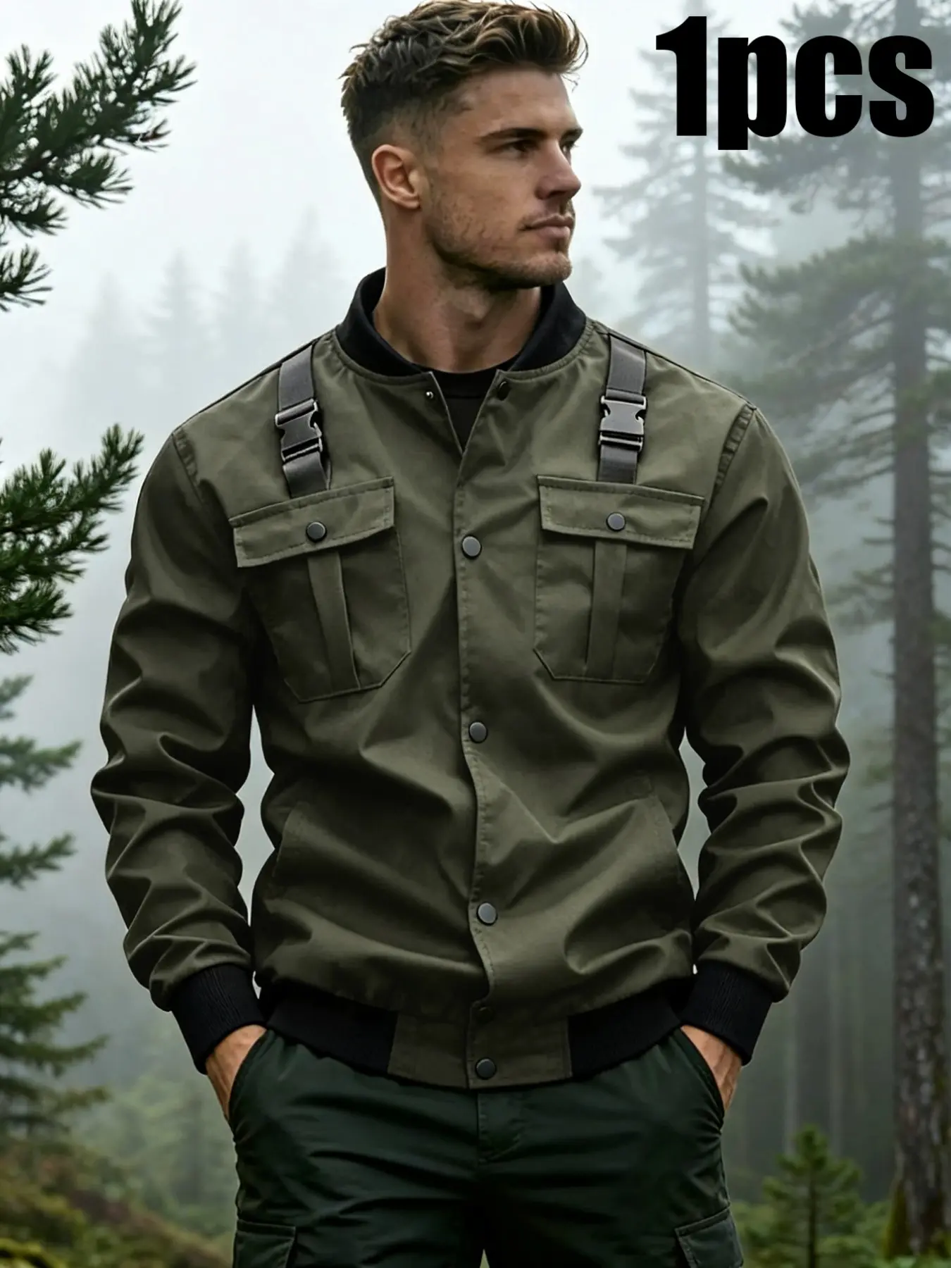 Men's Tactical Work Jacket, Field Jacket, Buckle Decoration Multi-Pocket Outerwear, Outdoor Hiking Casual Top, Stylish and Functional Design