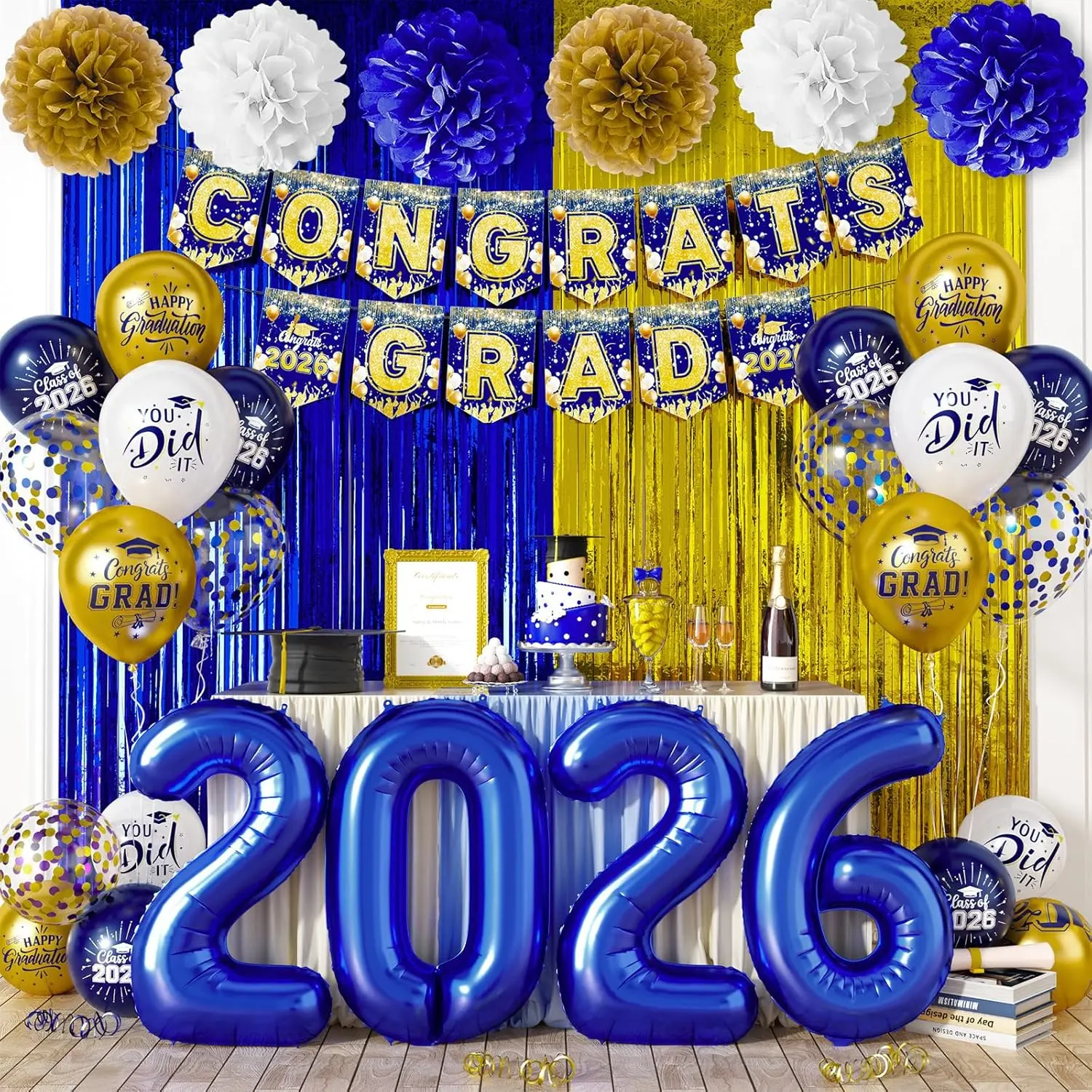 Graduation Decorations 2026, Blue and Gold Graduation Balloons, Blue 2026 Number Balloons, Congrats Grad Banner, Paper Flowers & Curtains, Graduation Party Supplies for Grad Party Decor Class of 2026