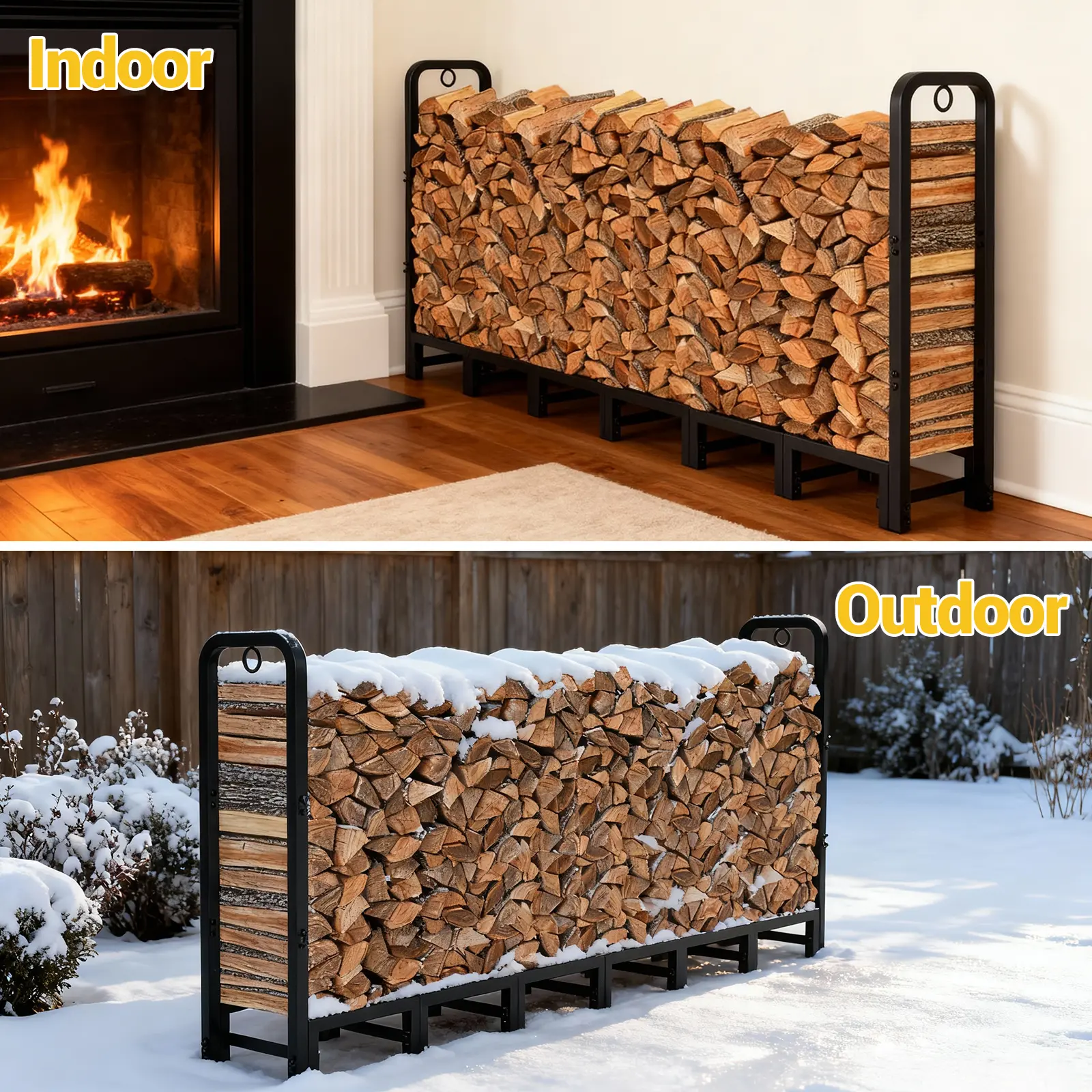 GAOMON Heavy Duty 8ft Firewood Rack - 660lb Capacity Log Holder - Rustproof Metal - Elevated & Stable Design - Indoor Outdoor Wood Storage Stand for Fireplace, Patio, Stove, Garden - Matte Black - Easy Assembly