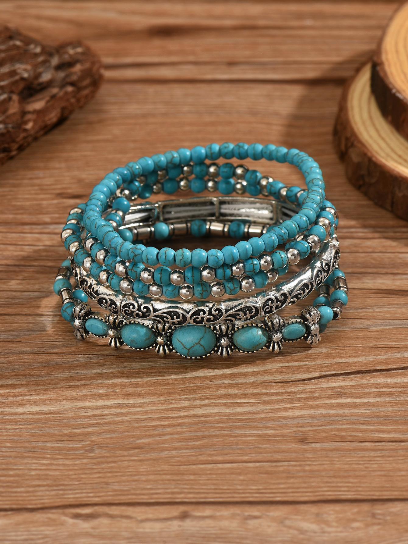 Turquoise beaded DIY bracelet - Bohemian style handcrafted multi-piece jewelry set