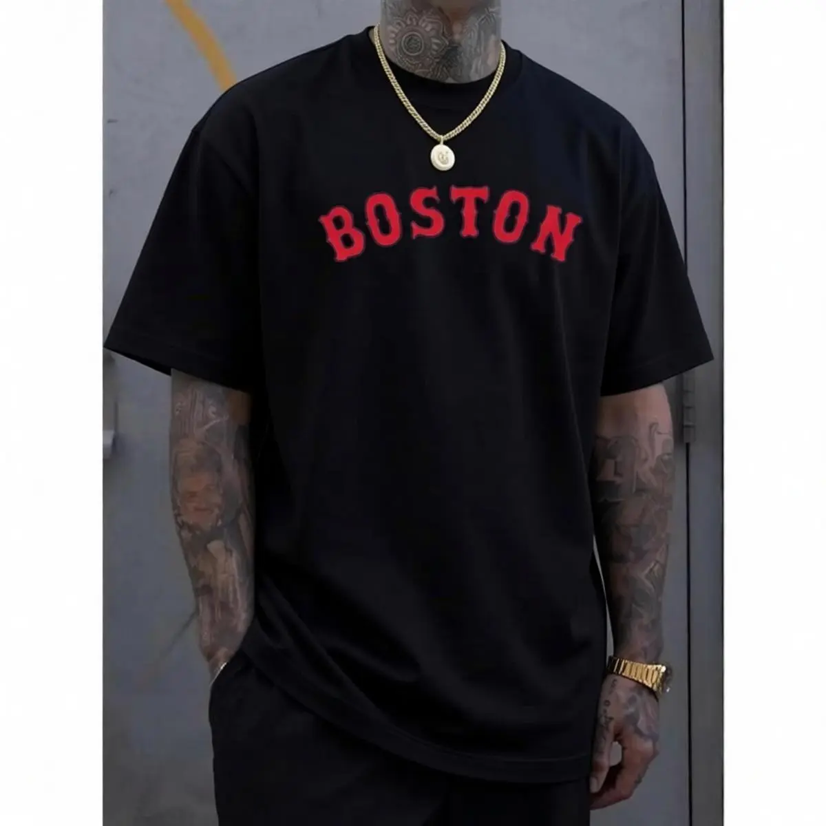 Men's Boston-Inspired Casual Tee - Cool, Comfortable & Stylish Letter Print Short Sleeve Shirt for Summer, Boston-inspired, Casual, Summer, Conventional Version, Leisure Style, Four Seasons