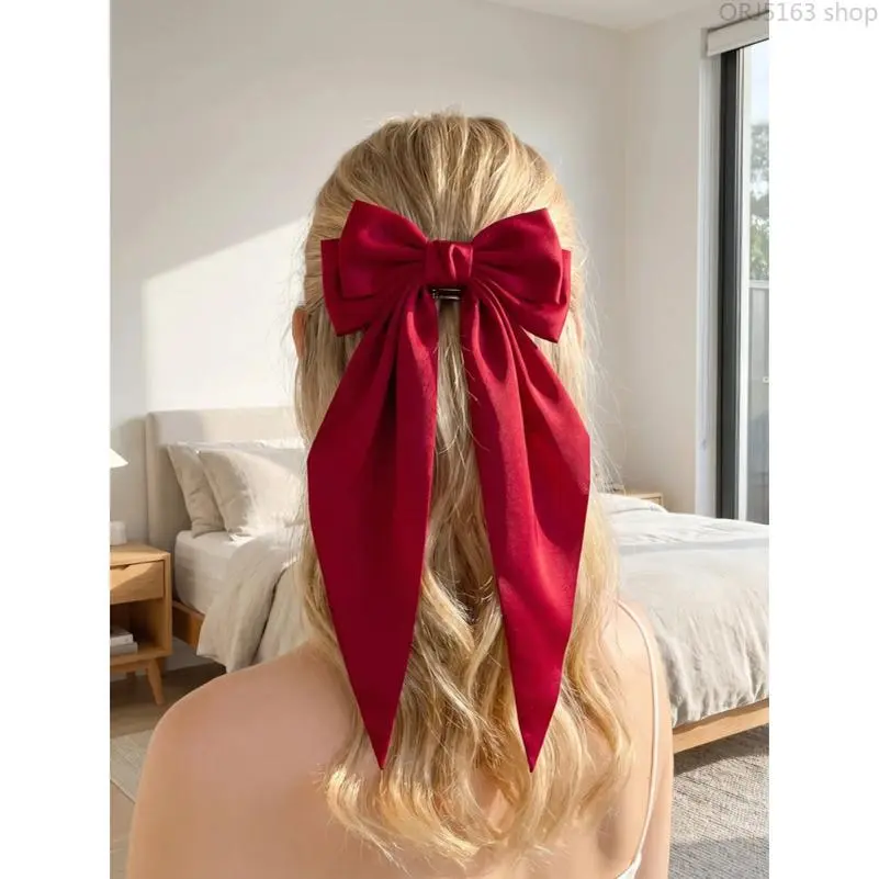 6 Pcs Women Oversized Satin Long Tail Bow Barrette, Silky Ponytail Hair Bow Clip, Elegant Hair Styling Ornament, Romantic Hair Decor for Daily Outfits Wedding Bridal Hairstyles Evening Parties, All-Match Fashion Hair Accessory for Ladies