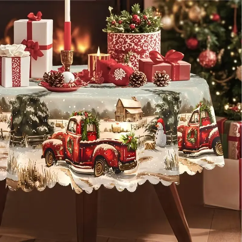 2D Flat Party Tablecloth, Christmas Theme, Retro Truck Snowman Design, Perfect for Indoor Outdoor Decor, Ideal Gift, No Power Needed