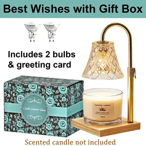 Minimalist Luxury Gold Diamond Grid Glass Flameless Candle Warmer Lamp Timer Height Control Natural Wood Base Safe Household Bedroom Living Room Scent Ornament