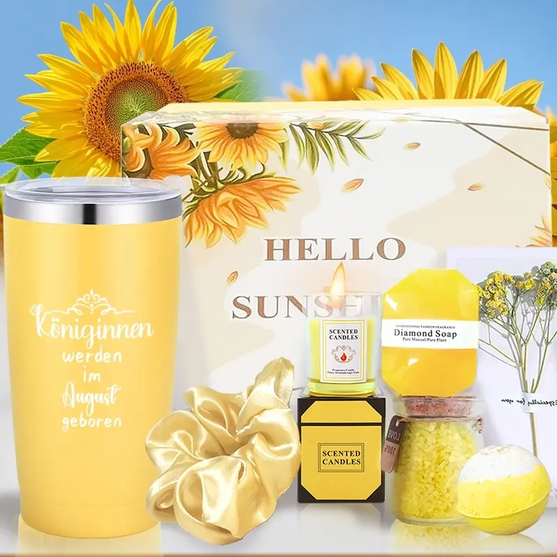 Gift Box Set for August Birthdays, Unique Gifts for Sisters, Colleagues, Family, Girlfriend, Women's Birthday Basket, Cozy Gift Box, 8-Piece Gift Pack, Gifts In Box