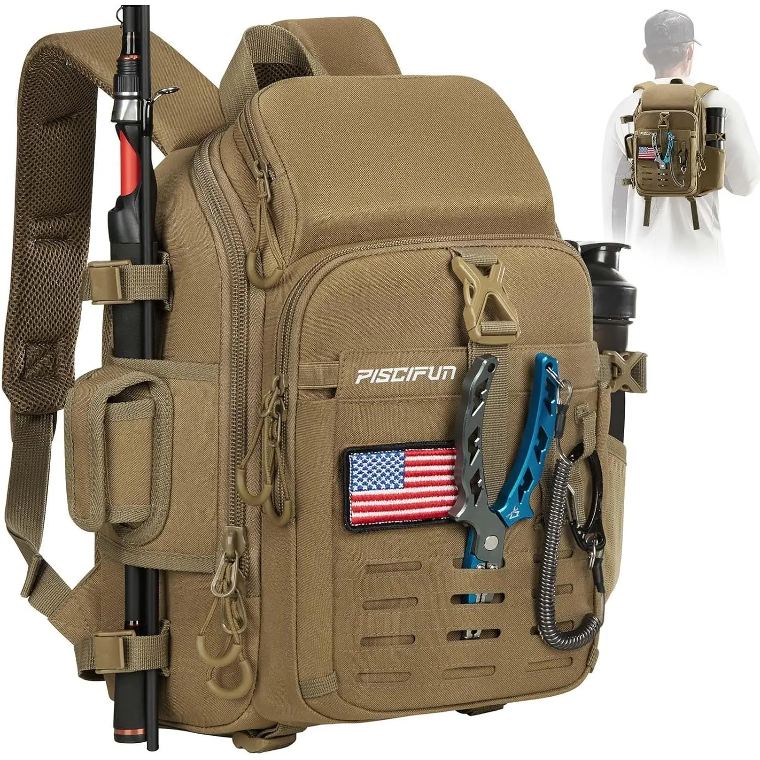 15L Water Resistant Fishing Tackle Backpack With Dual Rod Holder Breathable Padded Adjustable Shoulder Straps Expandable MOLLE Panel Multi Compartment Storage Outdoor Gear Bag For Shore Boat Fishing Travel