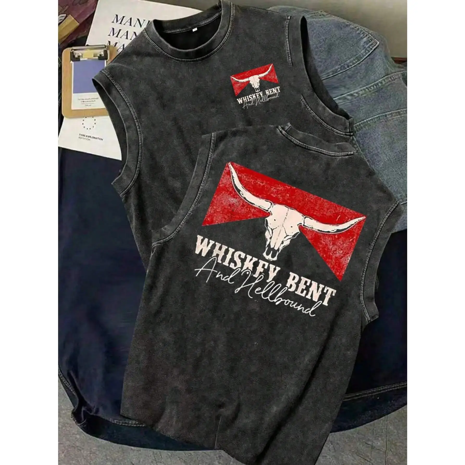 Men's Classic Cotton Seamless Oversized Tank Top, Retro Washed Black, Western Bull Skull-Distressed Text Graphic Print, Casual Sleeveless Menswear Clothes for Outdoor-Daily Wear, Shirt