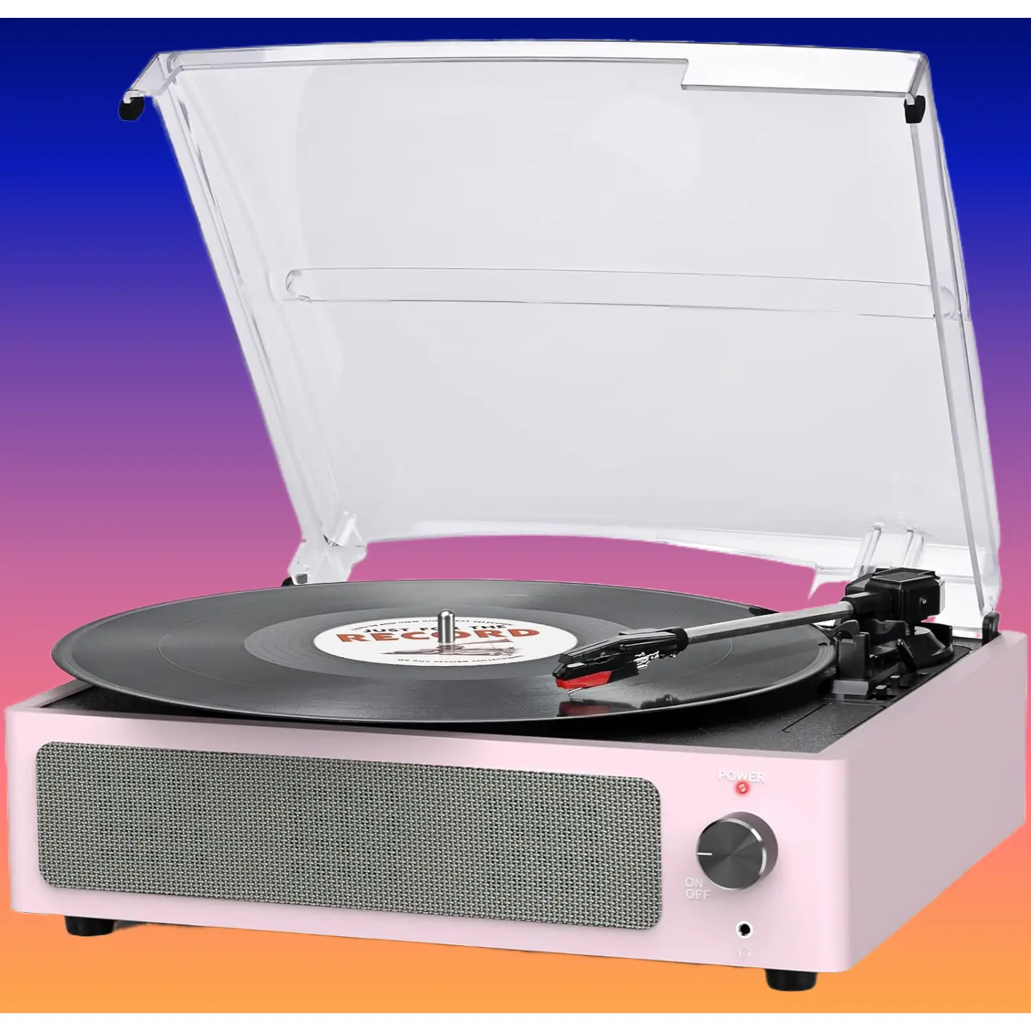 Compact Pale Pink Belt-Driven Vinyl Record Player - 3 Adjustable Speeds, 3 Sizes, Built-In Speakers, Bluetooth Receiver, Auto-Stop, Headphone Jack, AUX & RCA Ports, Headphones Compatible for Multi-Room Use, Vinyl Records