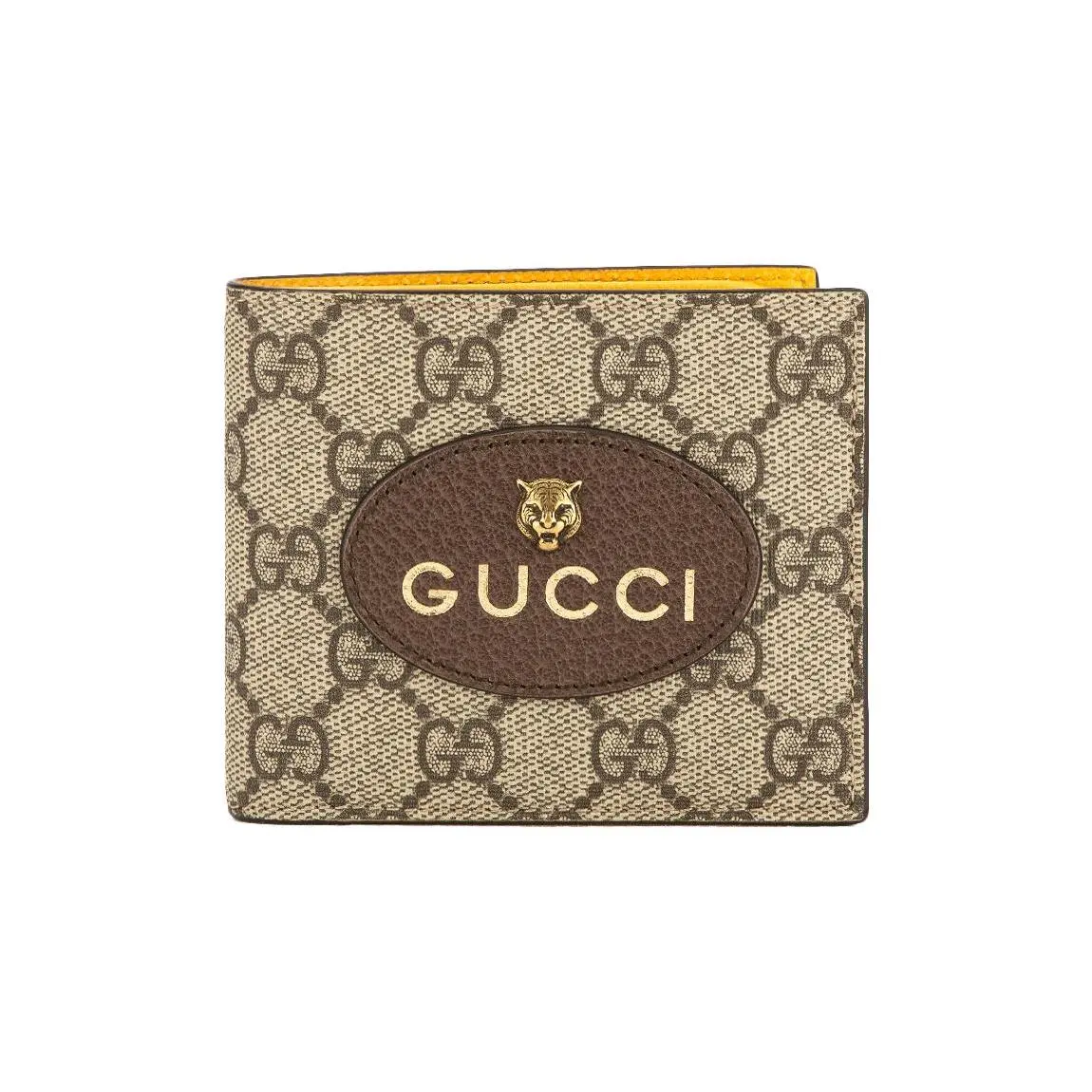 Gucci Neo Vintage Distressed Metal Tiger-Head Logo Bifold Wallet for Men – Ebony Brown Yellow