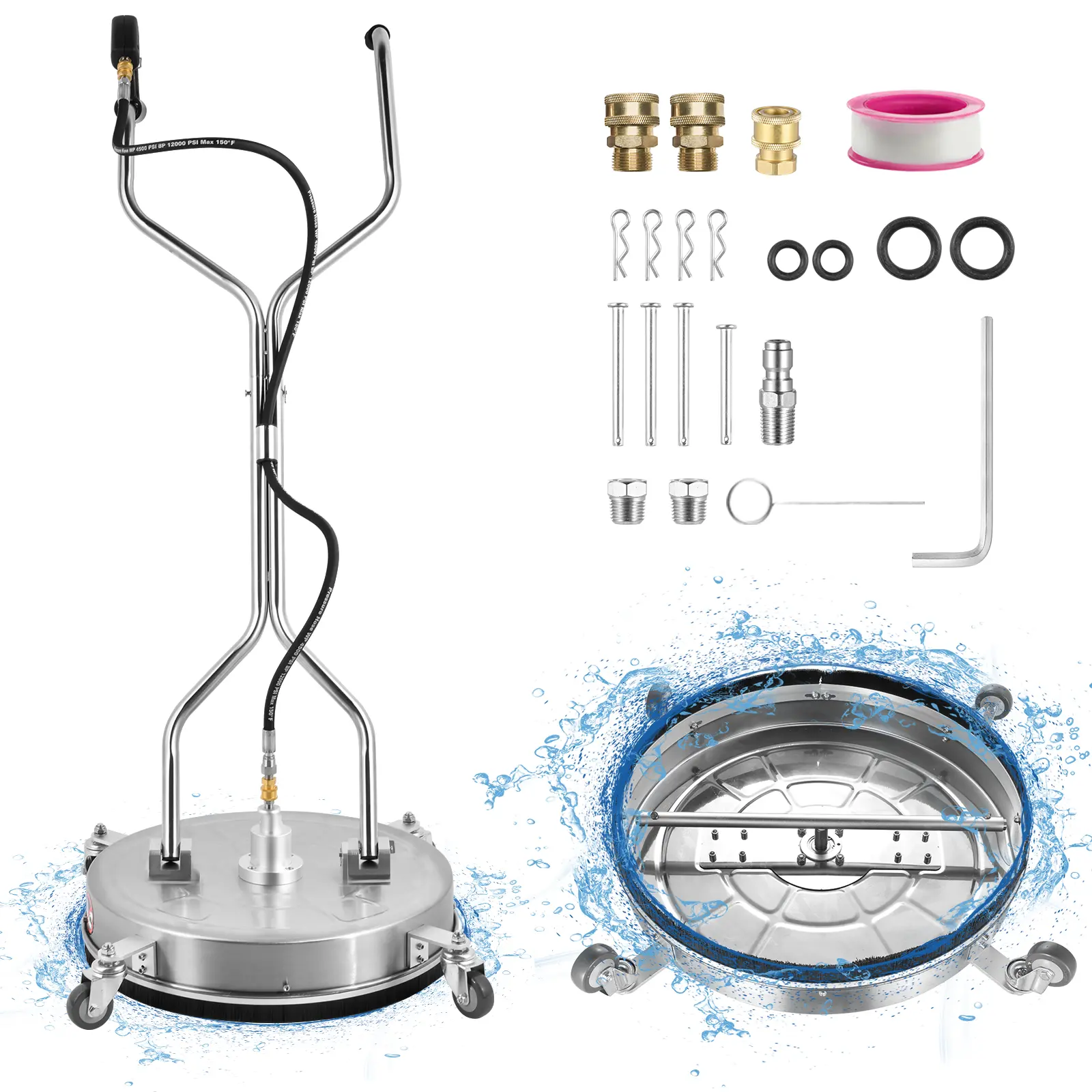 Pressure Washer Floor Attachment 20/24 Inch 2000-4500 PSI Stainless Steel Surfaces Cleaner Attachment with 4 Wheels Power Washer Accessory for Curb Deck Sidewalk Patio