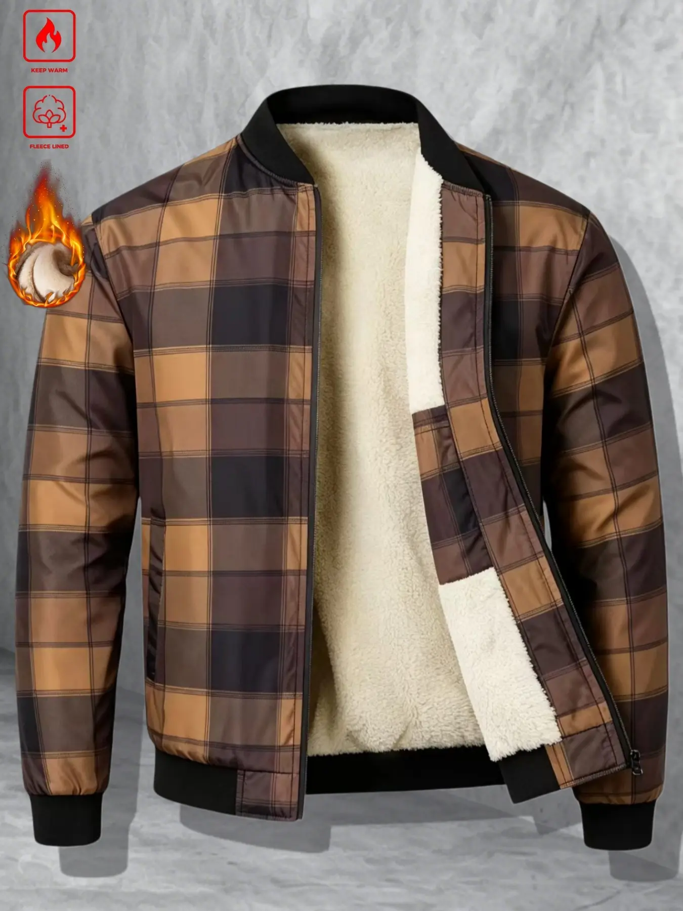 Men's Thickened Windproof Jacket, Vintage Classic Plaid Print Baseball Neck, Loose Fit Side Pockets, Sheepskin Lining, Fall Winter Outerwear