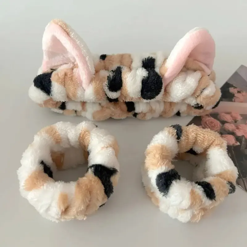 3-Pieces Striped Coral Fleece Skincare Set - Fluffy Cat Ear Headband, 2 Wristbands, Soft Plush Fashion Hair Accessory for Home Spa, Loose Hair Hold, All-Season Home Use