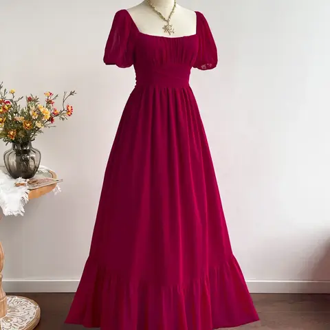 Women's Bohemian Style Dresses Boho Fashion Dress Vacation Elegant Chic Casual Waist-Tied Chiffon Woven Floral Long Short Sleeve Ruffle Hem Ruffled Dress, Womenswear, All Seasons Summer Fitted Style, Casual Wear, Lady