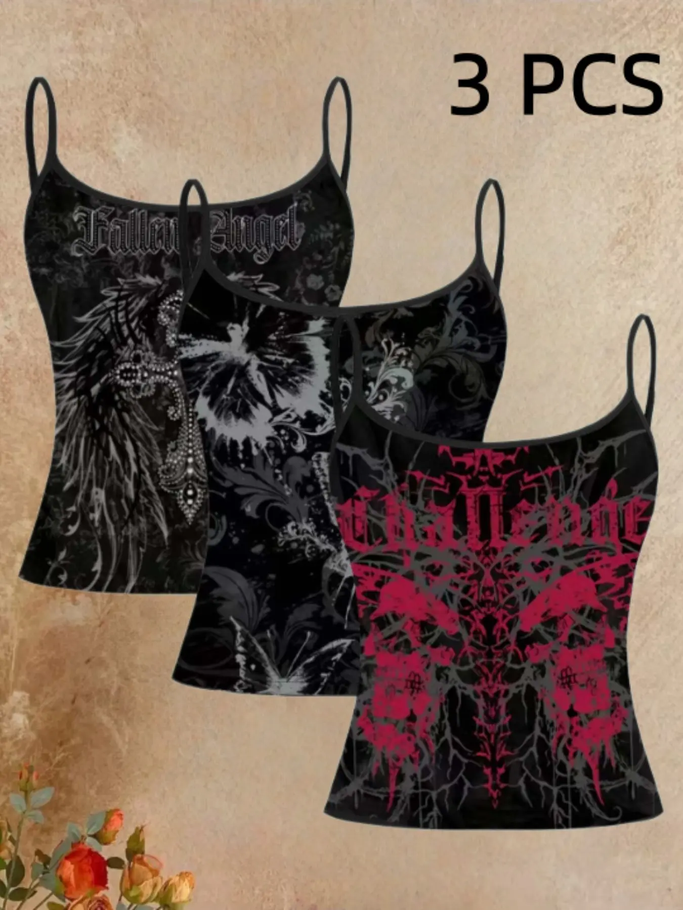 [Plus Size]Women's Three-Piece Set, Fallen Angel Thorn Spider Web Spaghetti Strap Strappy Crop Top, Slim-Fit Dark Gothic Aesthetic Style, Casual Fashion Sleeveless Fitted All-Over Print