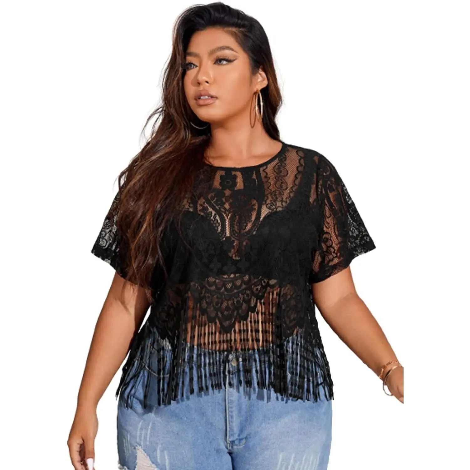 Women's Plus Size Sheer Lace Fringe Tee Top Western Outfit(Gift)