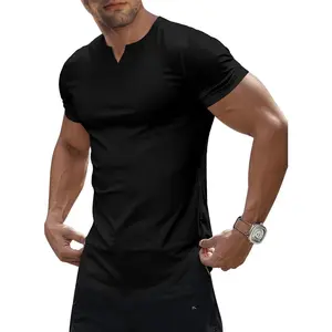 Men's Muscle V-Neck T Shirt Short Sleeve Longline Ribbed Henley Shirt Gym Workout Athletic Tee ShirtsGift.