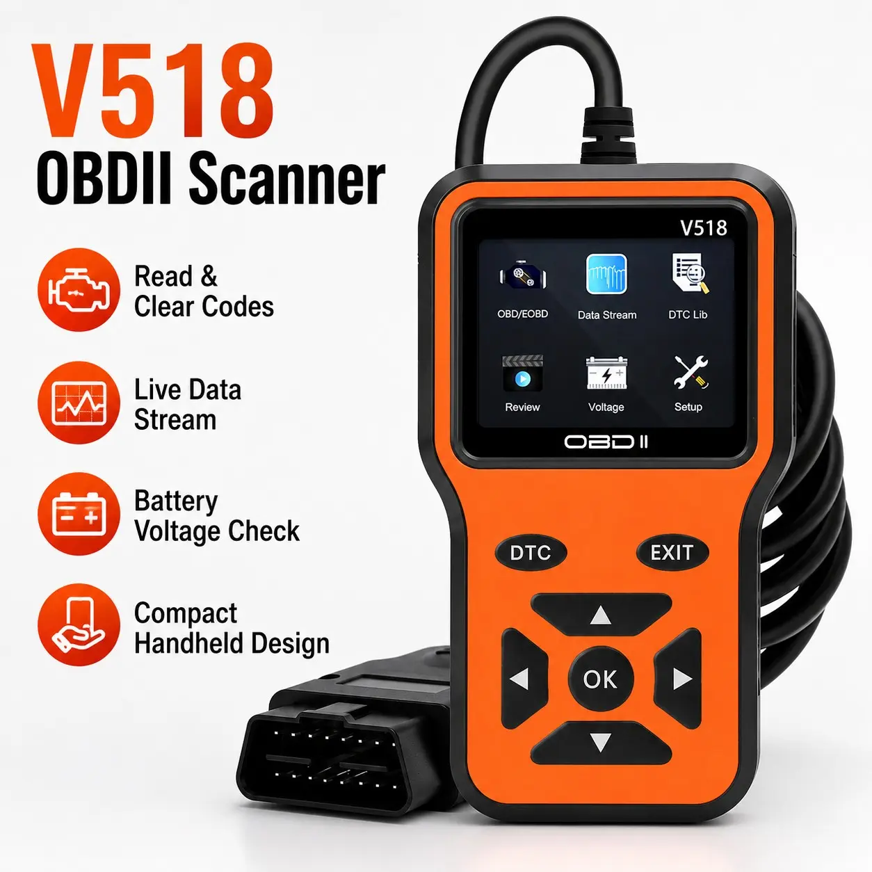 V518 Obd2 Scanner, Car Check Engine Code Reader, Read/clear Codes, Live Data Stream, Dtc Library, Battery Voltage Check