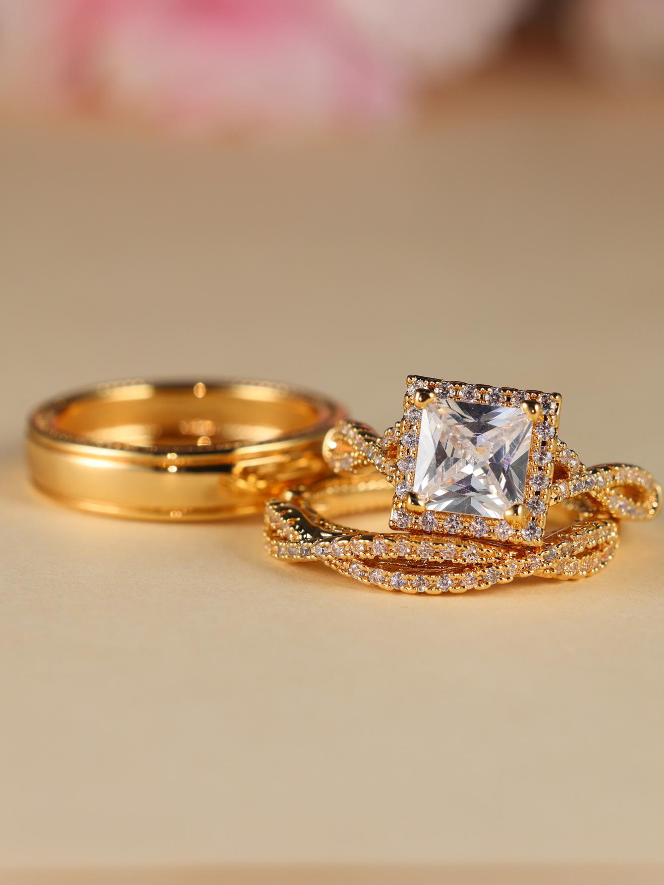 Luxury Princess Cut Cubic Zirconia Bridal Ring Set, 14K Two Tone Gold Plated Engagement Wedding Ring Set for Women, Vintage Halo CZ Wedding Band