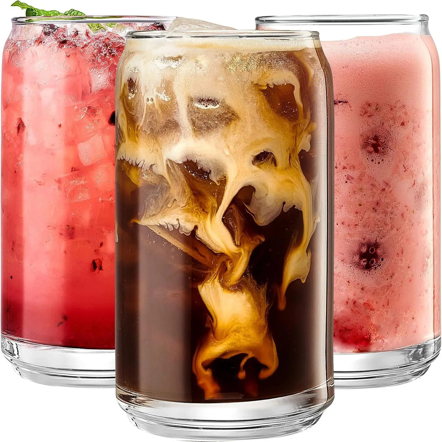 Set of 6 Patented Can Shaped® Drinking Glasses - 16oz Clear Goblet Glass Cups for Margarita, Cocktails, Iced Coffee, Tea, Soda, Whiskey, Water and Beer