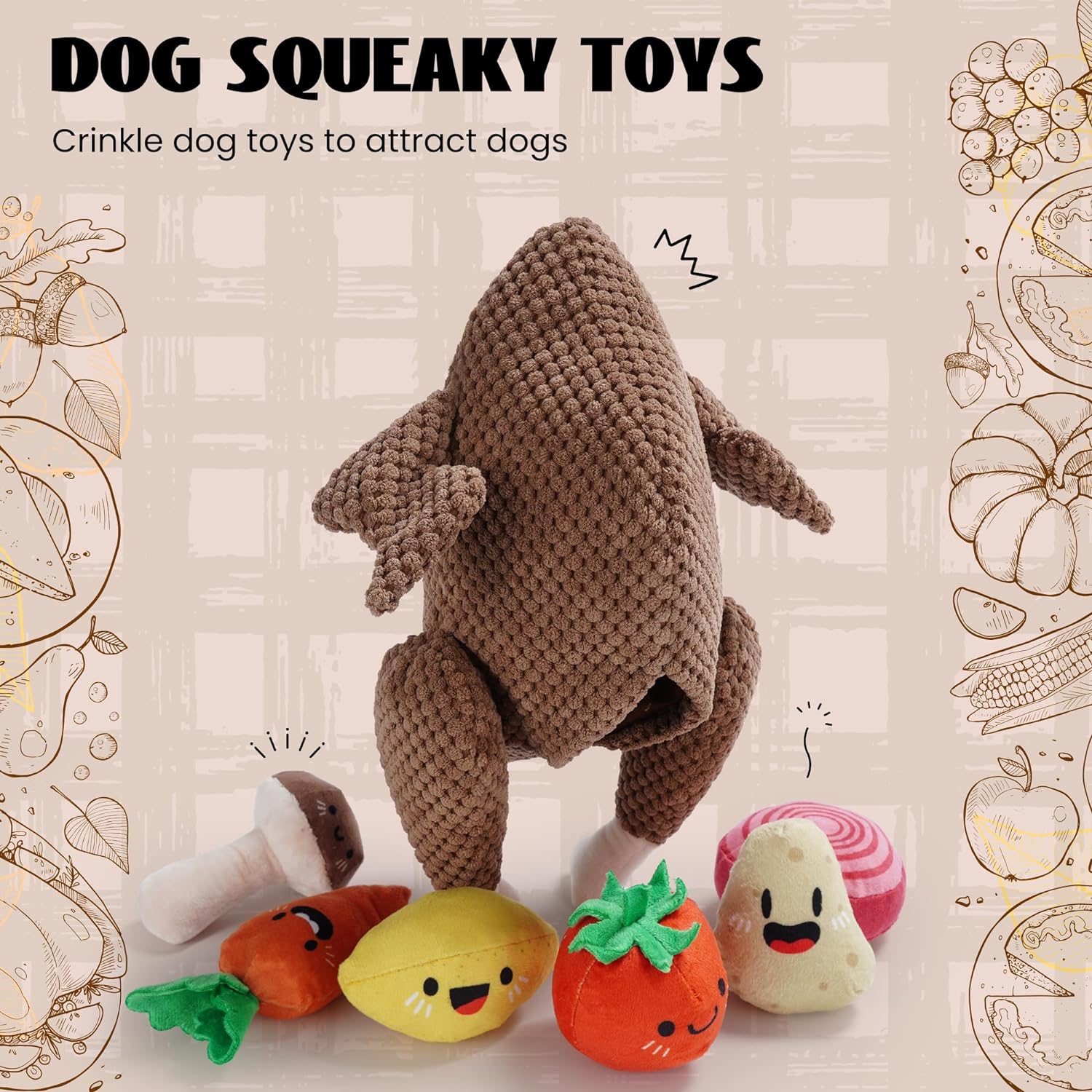 7-in-1 Thanksgiving Turkey Dog Toy,Big Turkey Puzzle Toy with 6 Squeaky Veggie Plush Toy, Interactive Enrichment Dog Toys for All Breeds