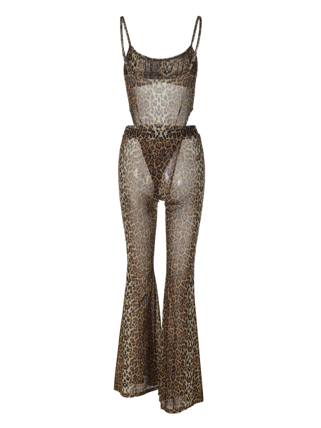 Women's Leopard Print Sheer Mesh Two-piece Set, Sexy Sleeveless Spaghetti Strap Cami Bodysuit & Flare Leg Pants Set for Party Club Night Out, Ladies Summer Clothes, Fashion Clothes Set