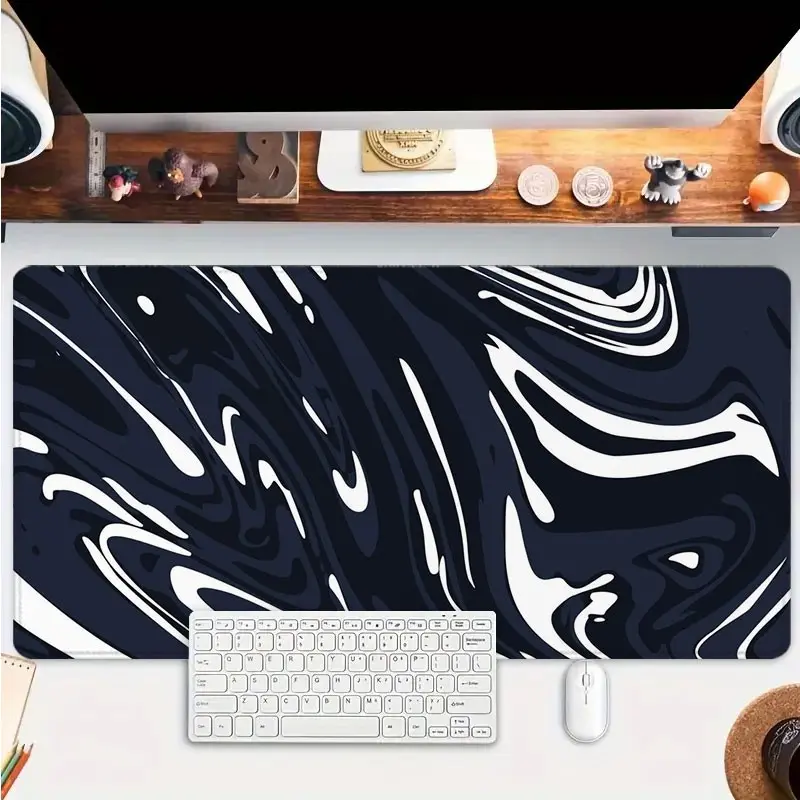 Black White Swirl Liquid Marble Large Gaming Mouse Pad Modern Abstract Fluid Art Rubber Non-Slip Base Stitched High Quality Desk Protector Smooth Surface For Study Table Office Desk Meditation Nook Perfect Gift For Friends Family Colleagues