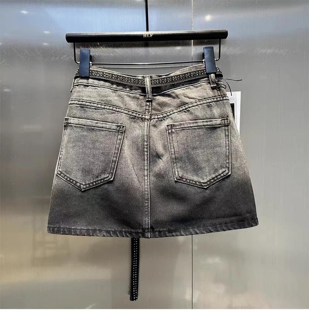 Oversize Retro Diamond Denim Mini Skirt for Women Summer High Waist Shiny Rivet Slim Skirts Gradient Black Grey Jean Skirts, Womenswear Bottom Palda Basic Minimalist