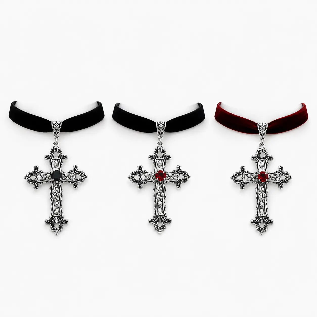 Gothic Velvet Choker  Necklace with Engraved Red Crystal Pendant, Adjustable Vintage Statement Jewelry for Gothic Outfits, Chunky  Necklace, Cross Necklace, Alloy