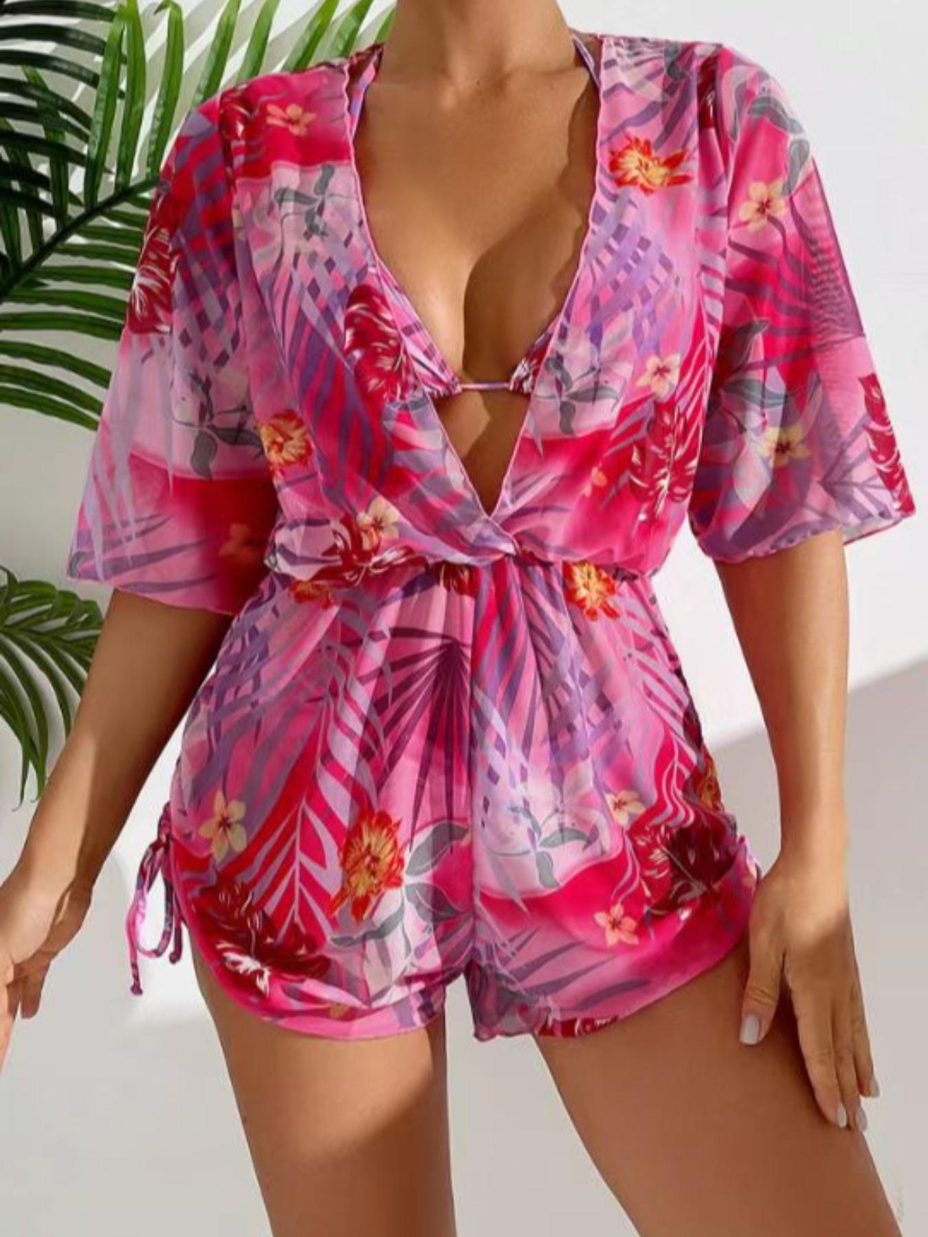 Three-piece Set Women's Plants Print Swimsuit Set, Including Swimsuit Cover Up & Halter Top & Panty, Fashion Chic Ladies Bathing Suit for Beach Holiday Vacation, Leaf Print Bikini